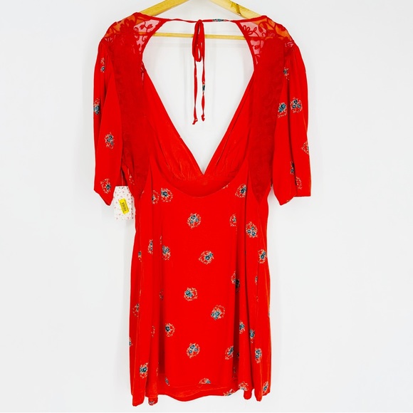 NEW Free People Mockingbird Backless Lace Mini Dress Coral Red Floral Size S - Picture 5 of 12